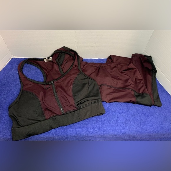 Bozzolo Two Piece Burgundy & Black Work Out Outfit Zip-Up Tank Top w/ Leggings S - Picture 1 of 7